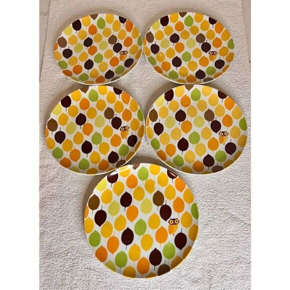 SET OF 5 RACHAEL RAY LITTLE HOOT SALAD PLATES 8" OWL LEAF PLATES - Picture 2 of 5